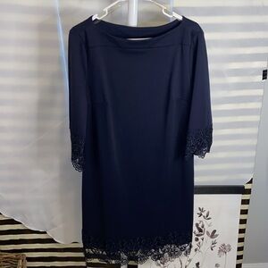 Beige ECI Navy Blue Shift dress Ponte knit Crochet Trim Size 12